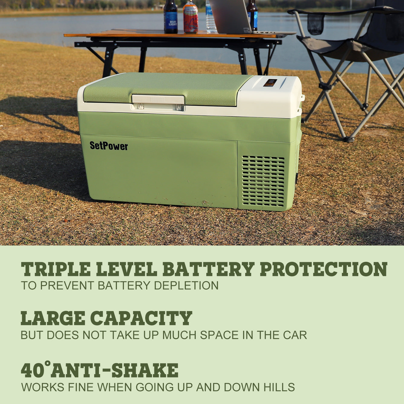 Setpower 12 Volt Refrigerator, 12.7Liter (13.5qt) Portable Freezer Fridge, Small size but large capacity, best price for this FC15, Car refrigerator with 12/24V DC & 110-240V AC, Electric Compressor Cooler for Camping, overlanding, van life and outdoor life.  Our fridges provide 3-year warranty on compressor.